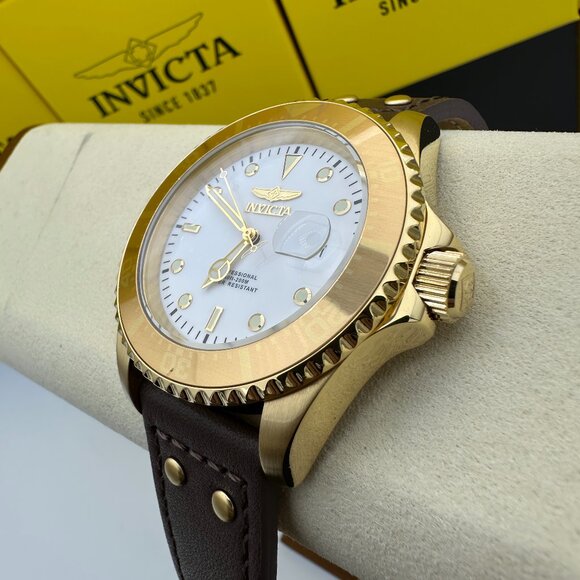NEW Invicta Pro Diver White Luminous Dial Gold Bezel Leather Strap Watch - Picture 3 of 7